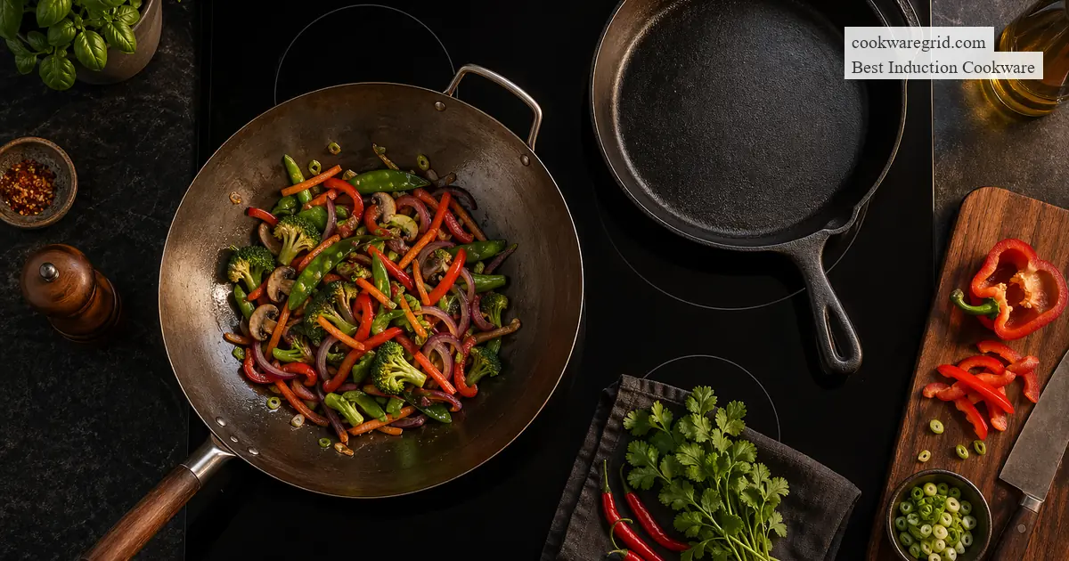 A cast iron skillet beside a stainless steel pan on an induction cooktop