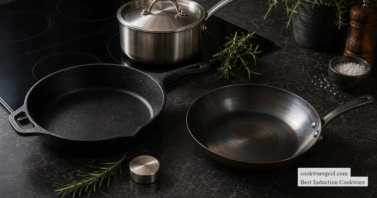 A cast iron skillet beside a stainless steel pan on an induction cooktop