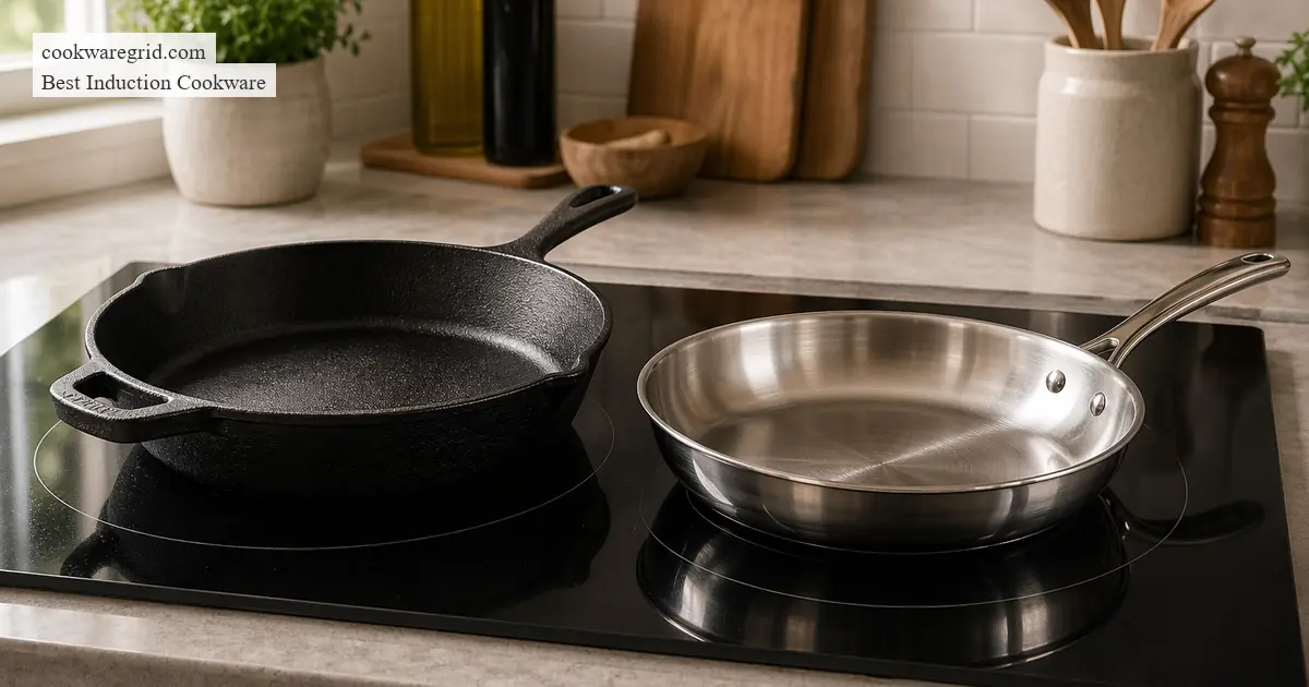 A cast iron skillet beside a stainless steel pan on an induction cooktop