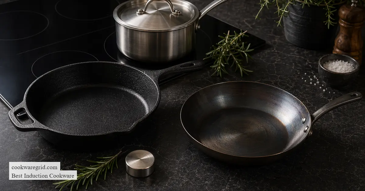 A cast iron skillet beside a stainless steel pan on an induction cooktop