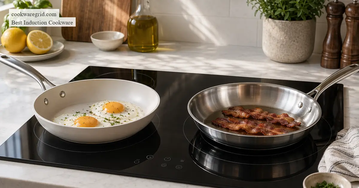 A nonstick induction pan with eggs cooking on a glass cooktop