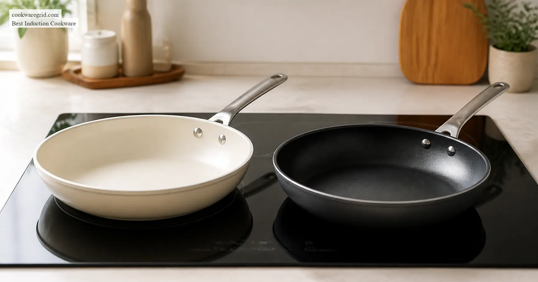 A ceramic nonstick skillet beside a traditional nonstick pan on a black induction burner