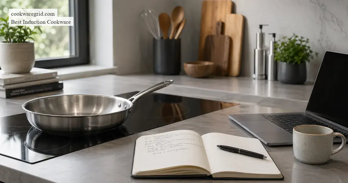 A notebook and stainless steel cookware beside an induction cooktop