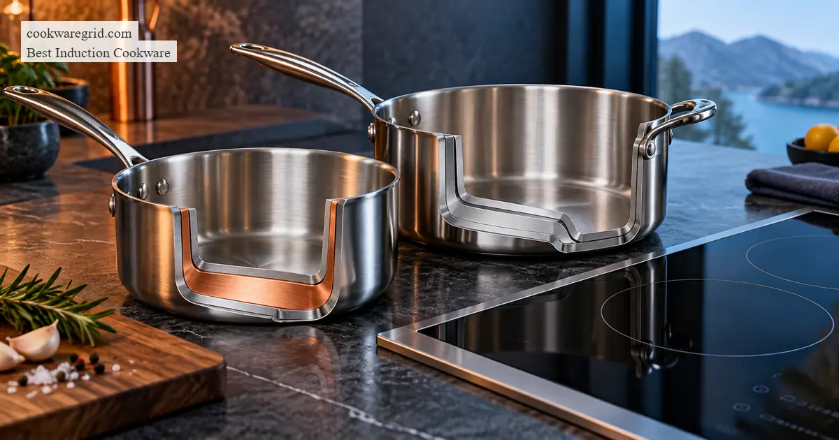 copper core vs aluminum core induction cookware shown on a modern induction cooktop