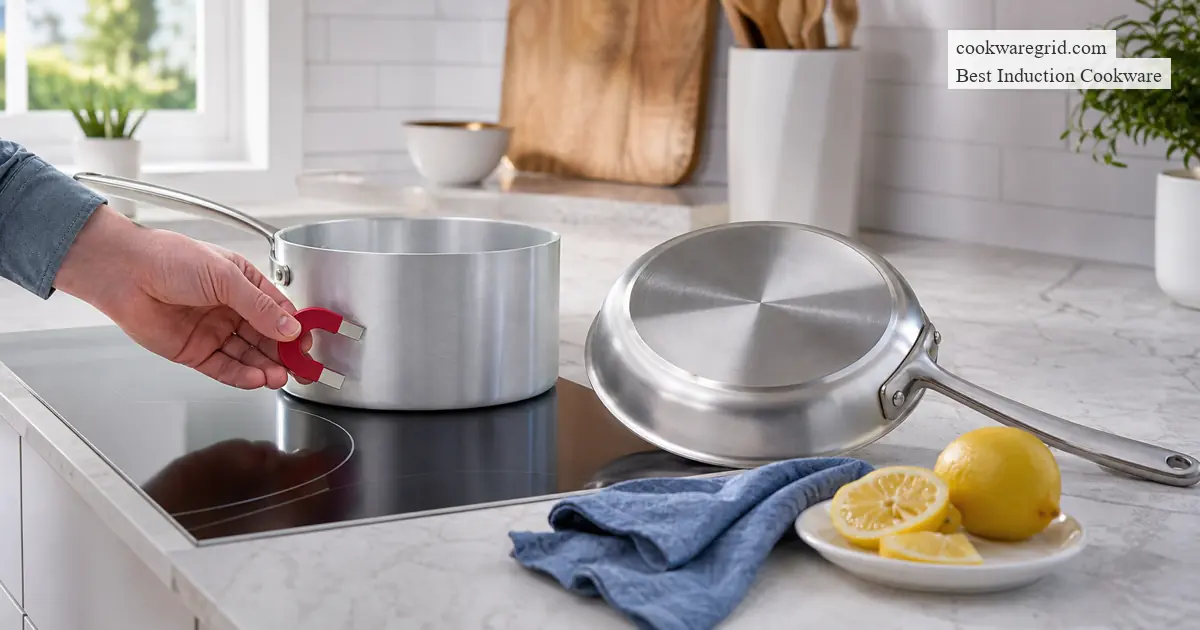 Aluminum cookware being checked with a magnet beside an induction-ready pan with a bonded steel base
