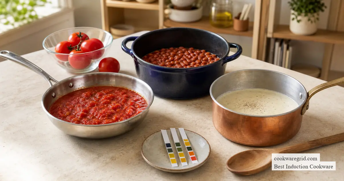 Stainless steel, enameled cast iron, and lined copper cookware used with different foods in a bright kitchen