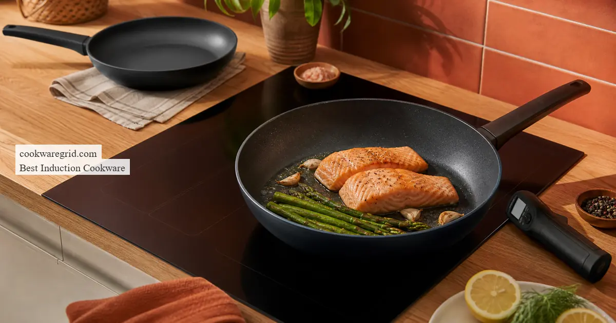 Nonstick induction skillet gently cooking salmon and asparagus beside an infrared thermometer