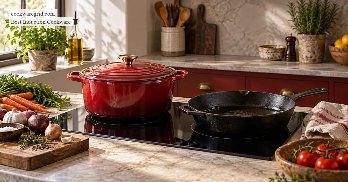 enameled cast iron vs bare cast iron on induction shown on a modern induction cooktop