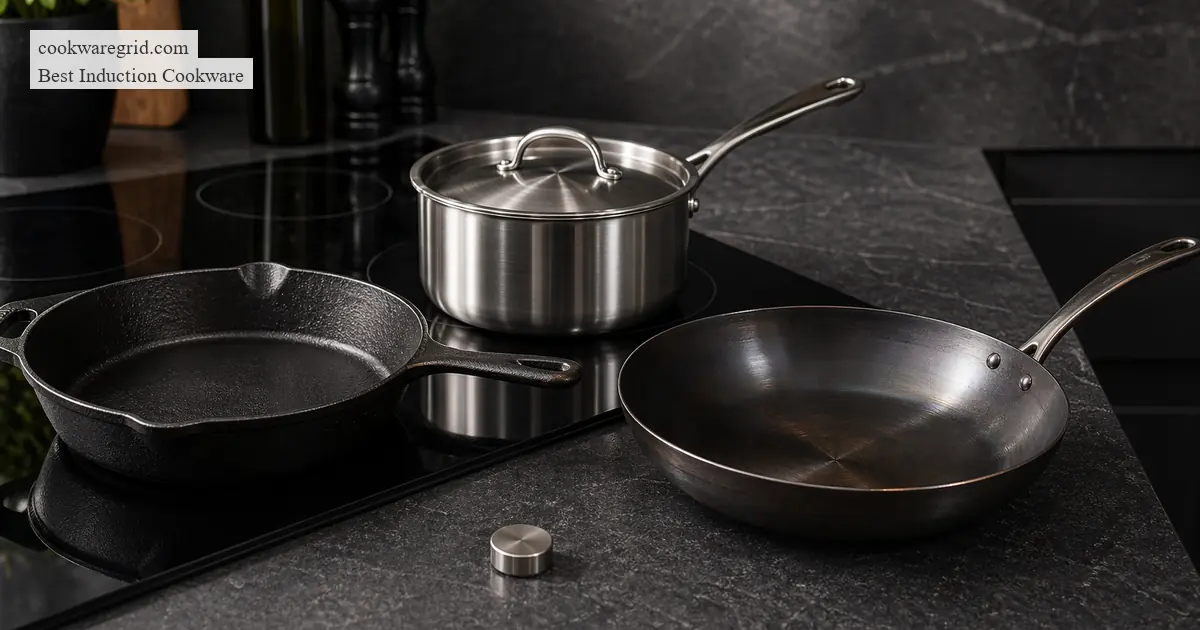 A hand holding a small magnet against the base of a stainless steel pan