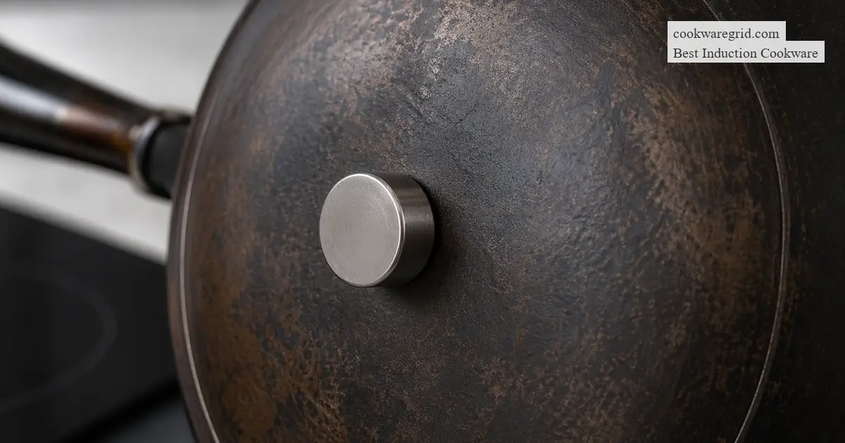 A hand holding a small magnet against the base of a stainless steel pan