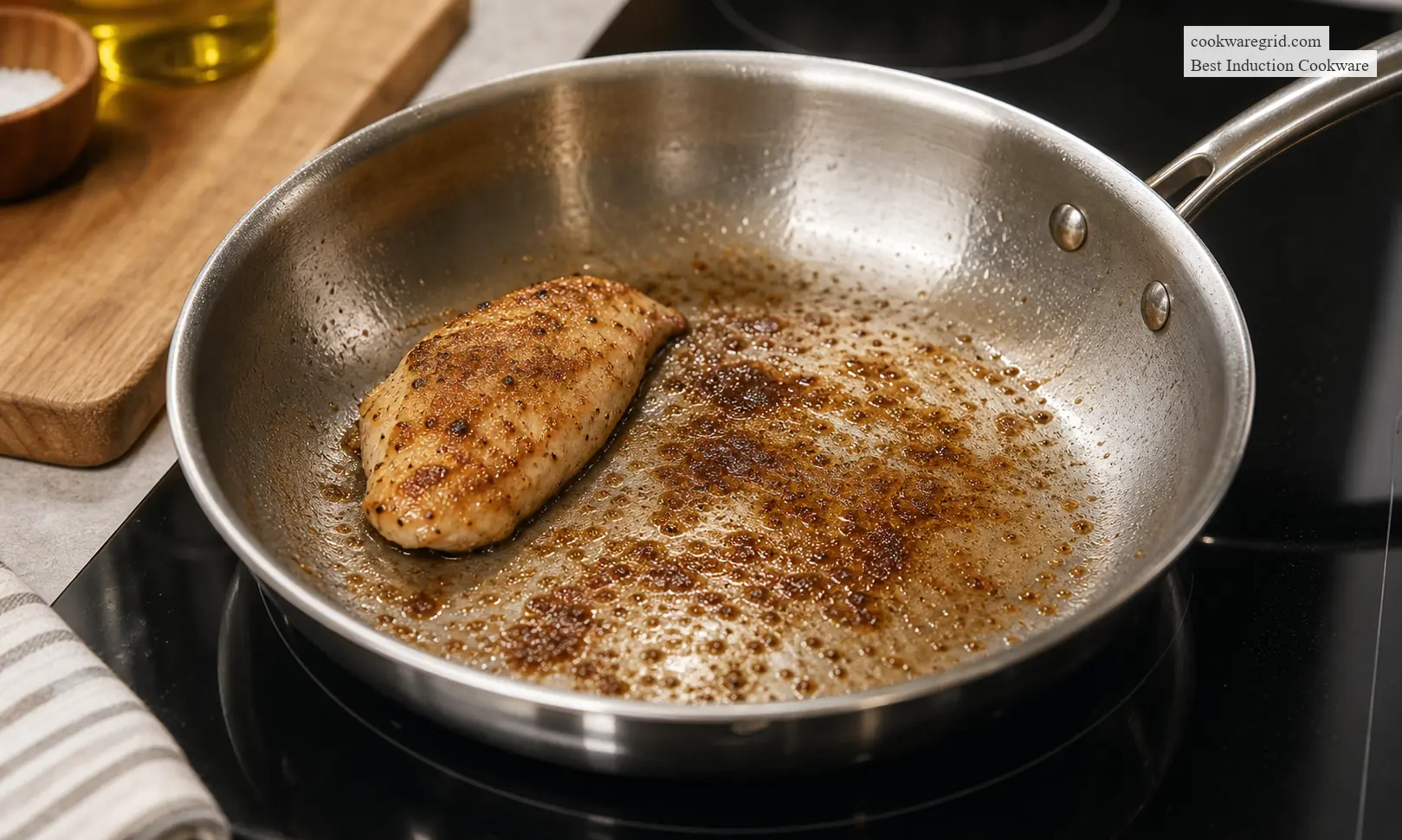 A stainless steel skillet with browned fond on an induction cooktop
