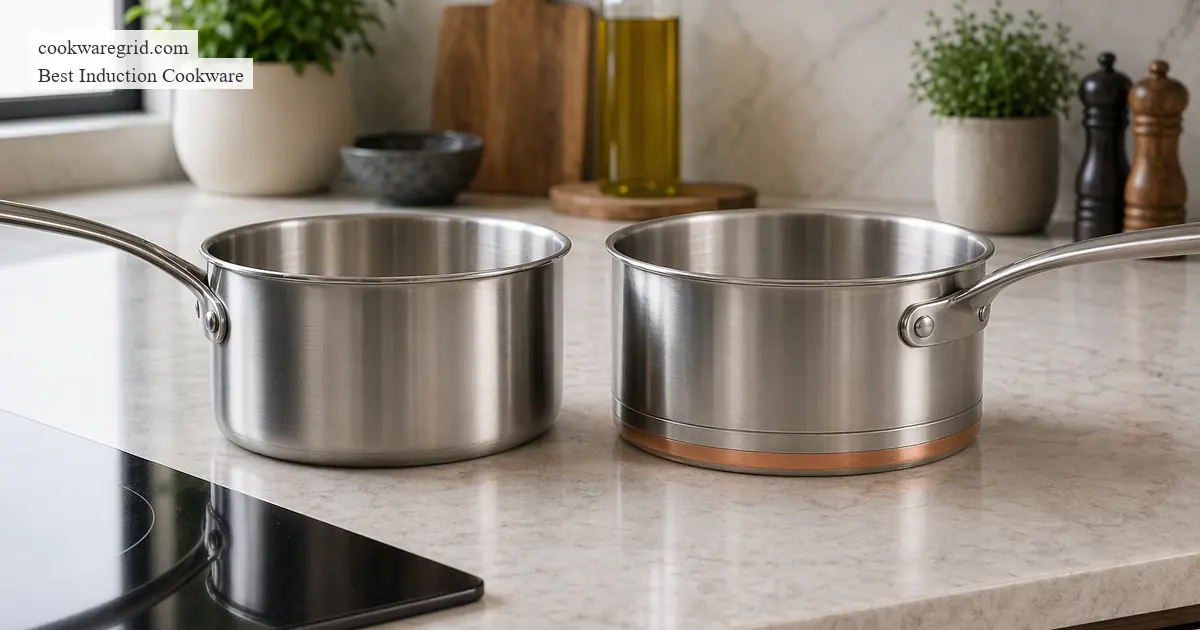 A sleek stainless steel induction pan on a modern glass cooktop