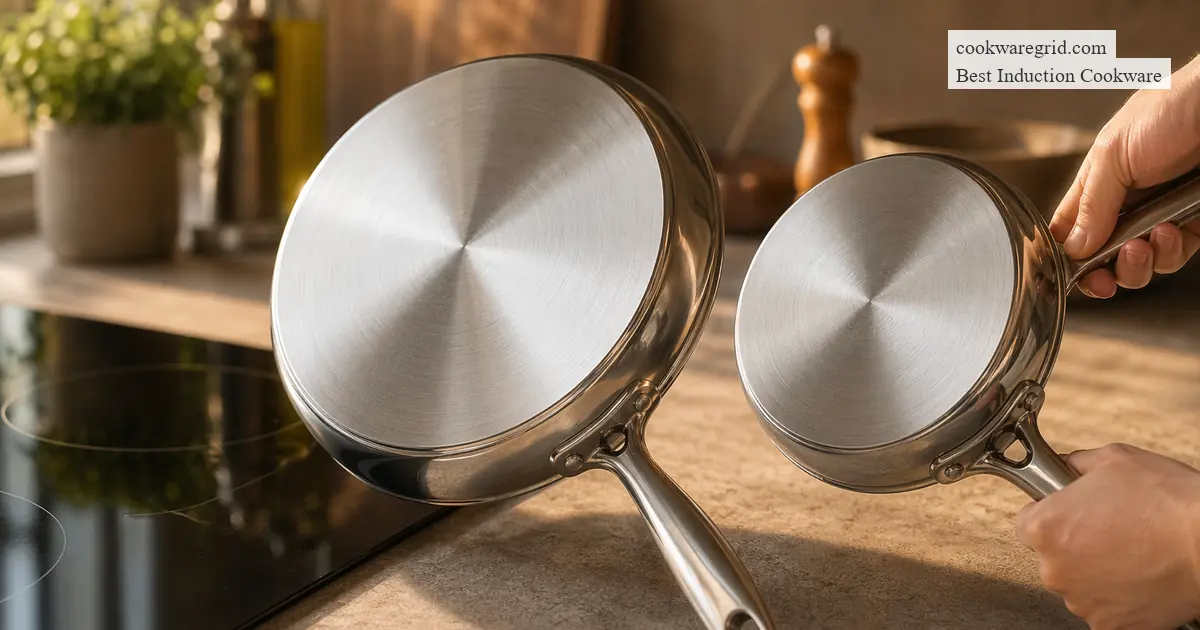 A sleek stainless steel induction pan on a modern glass cooktop