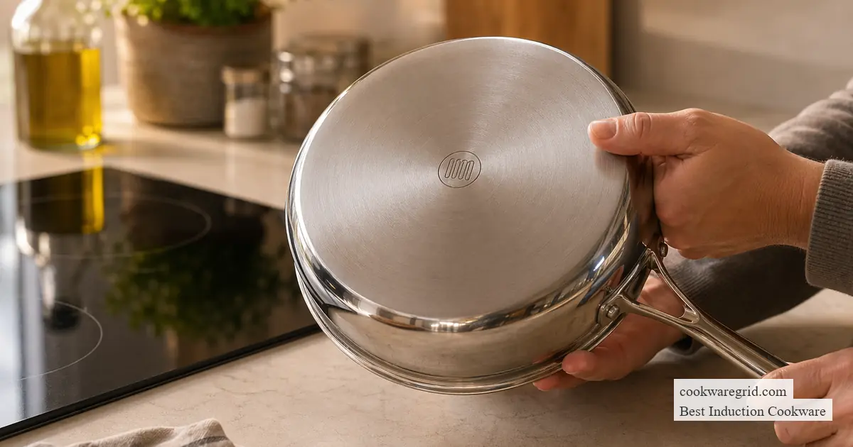 A sleek stainless steel induction pan on a modern glass cooktop