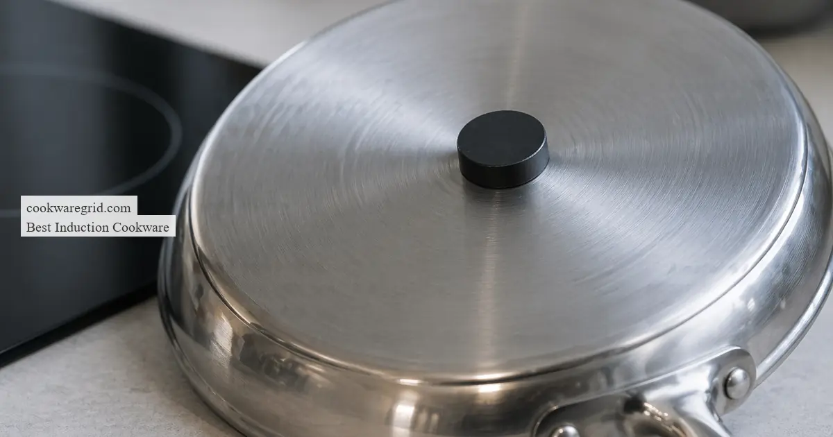 A sleek stainless steel induction pan on a modern glass cooktop