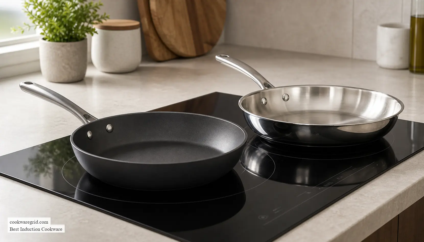 Hard anodized and stainless steel induction pans arranged side by side on a kitchen counter