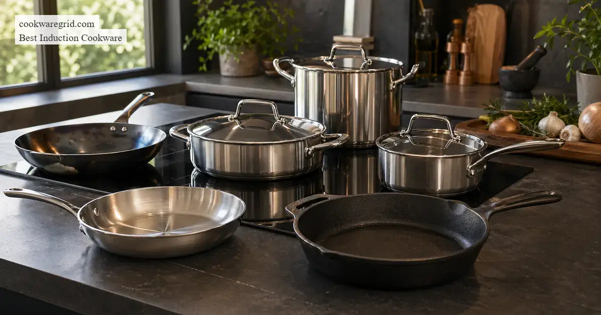 A collection of stainless steel cookware arranged on a modern kitchen counter