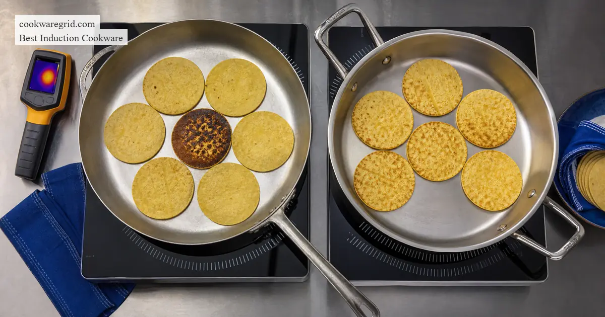 Side-by-side induction skillets showing concentrated center browning and more even tortilla browning