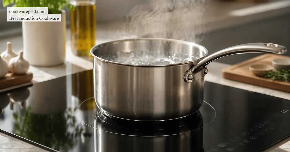 A sleek stainless steel induction pan on a modern glass cooktop