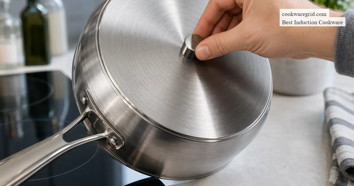 A sleek stainless steel induction pan on a modern glass cooktop