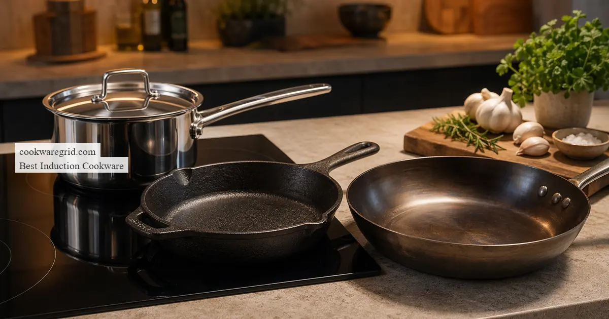 A sleek stainless steel induction pan on a modern glass cooktop