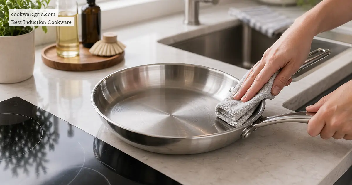 A clean stainless steel pan beside a soft cloth on a kitchen counter