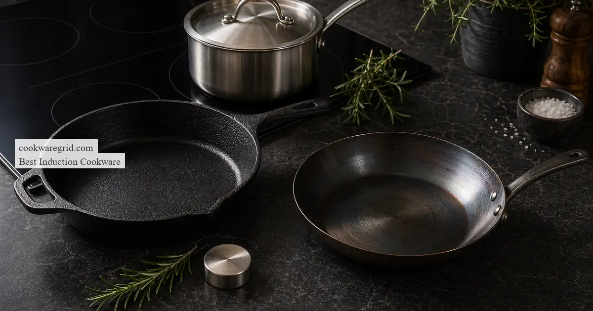 A clean stainless steel pan beside a soft cloth on a kitchen counter