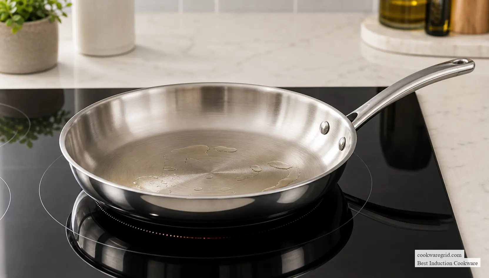 A stainless steel skillet preheating on a black induction burner
