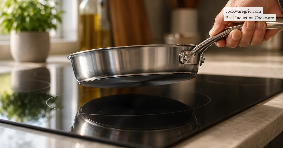 A heavy skillet being lifted carefully from a glass induction cooktop