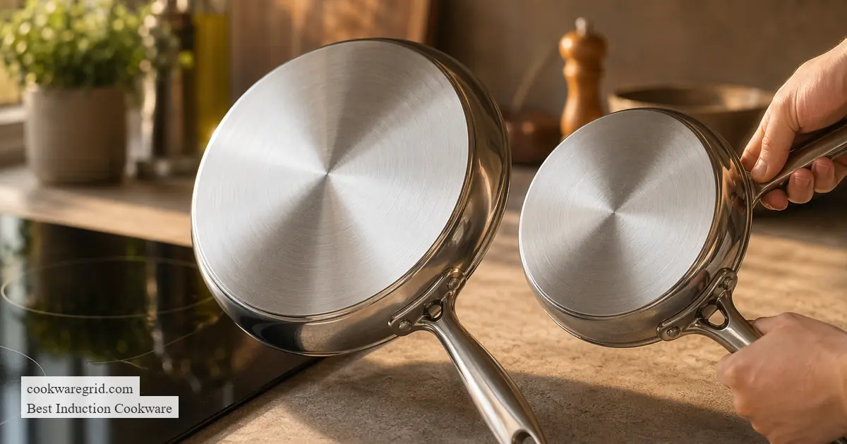 A heavy skillet being lifted carefully from a glass induction cooktop