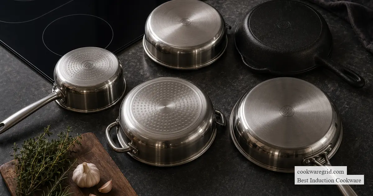 A heavy skillet being lifted carefully from a glass induction cooktop