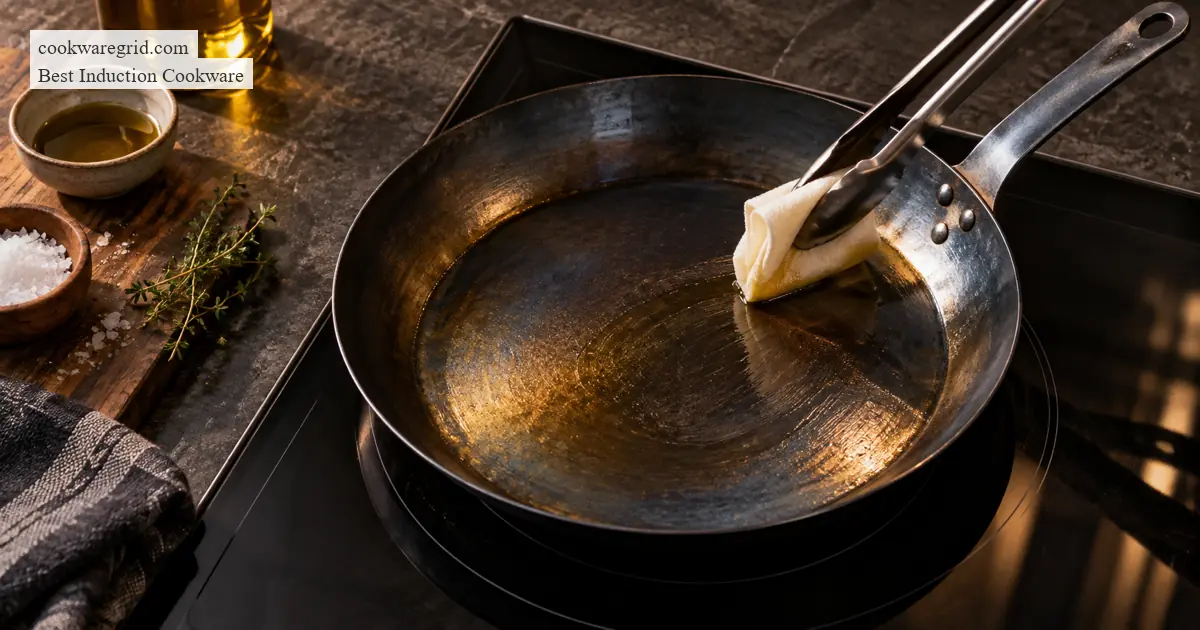 how to season a carbon steel pan on an induction cooktop shown on a modern induction cooktop