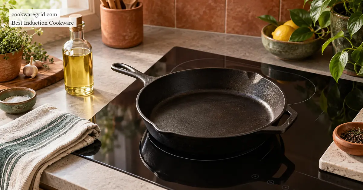 how to season cast iron on induction without overheating the center shown on a modern induction cooktop