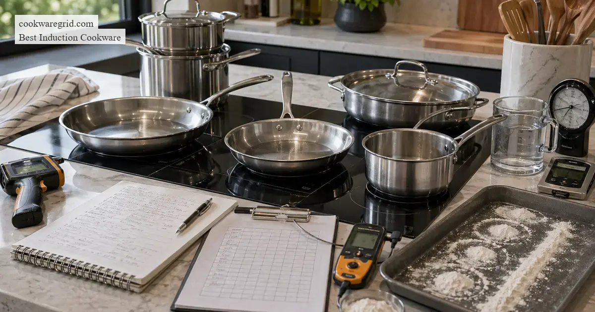 A stainless steel pan being tested on an induction cooktop with kitchen tools nearby