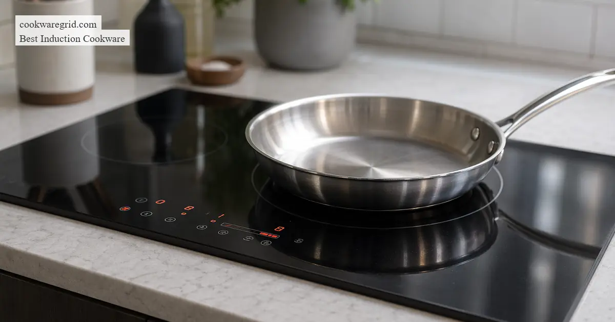 A sleek stainless steel induction pan on a modern glass cooktop
