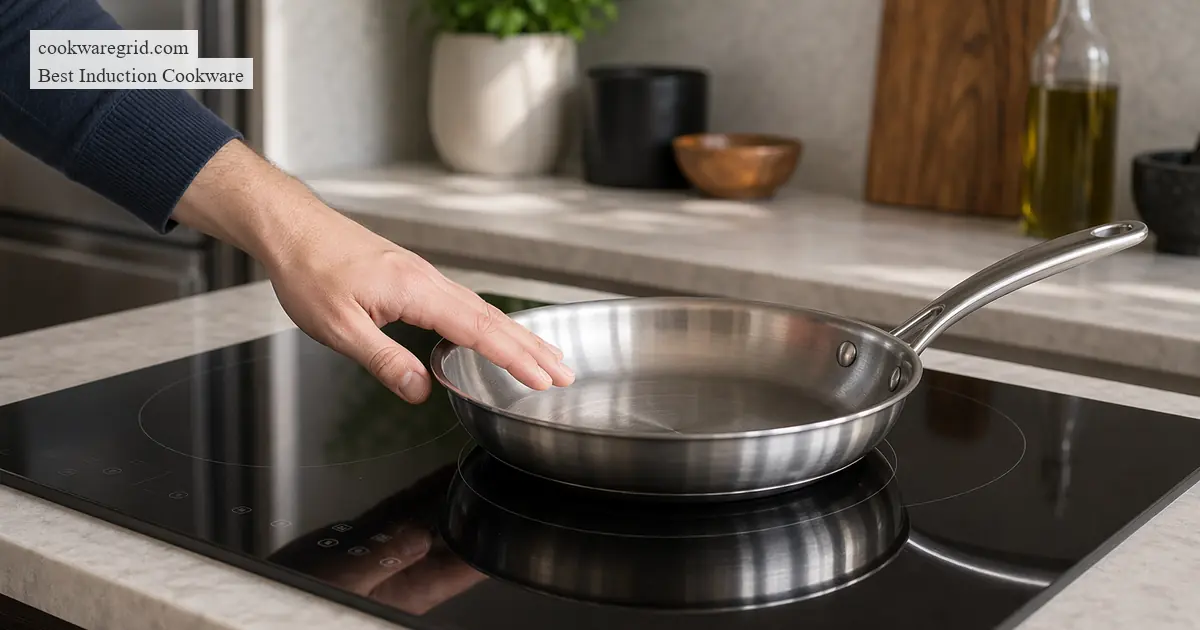 A sleek stainless steel induction pan on a modern glass cooktop