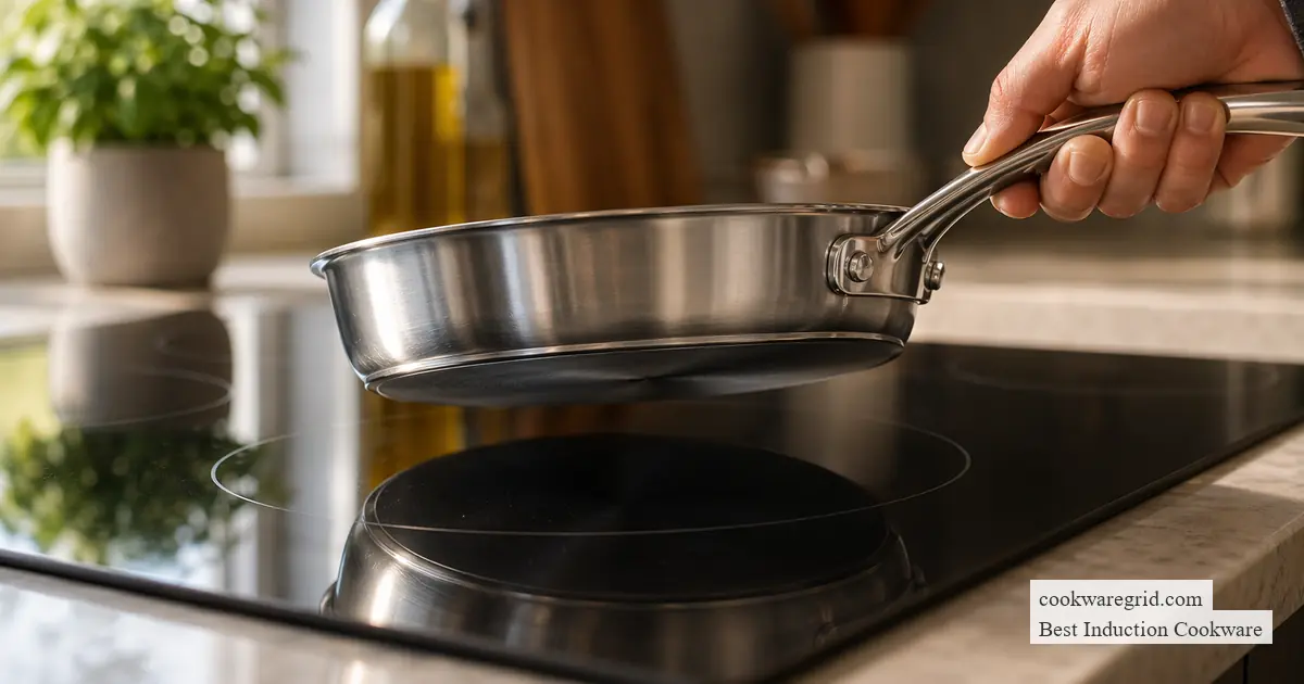 A sleek stainless steel induction pan on a modern glass cooktop