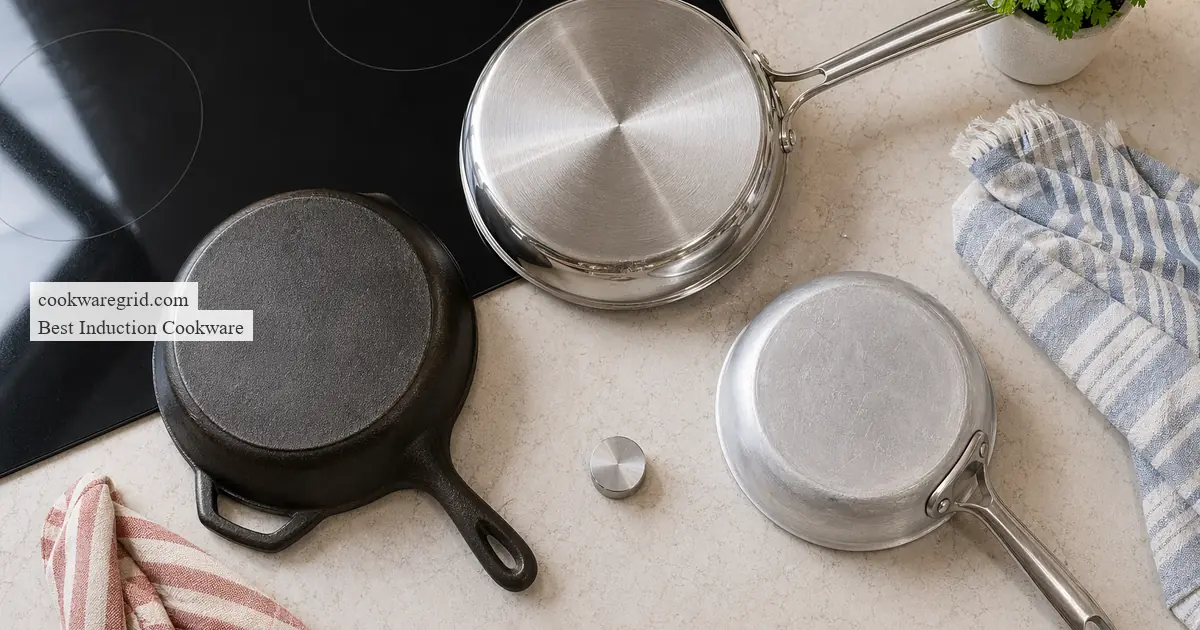 A sleek stainless steel induction pan on a modern glass cooktop