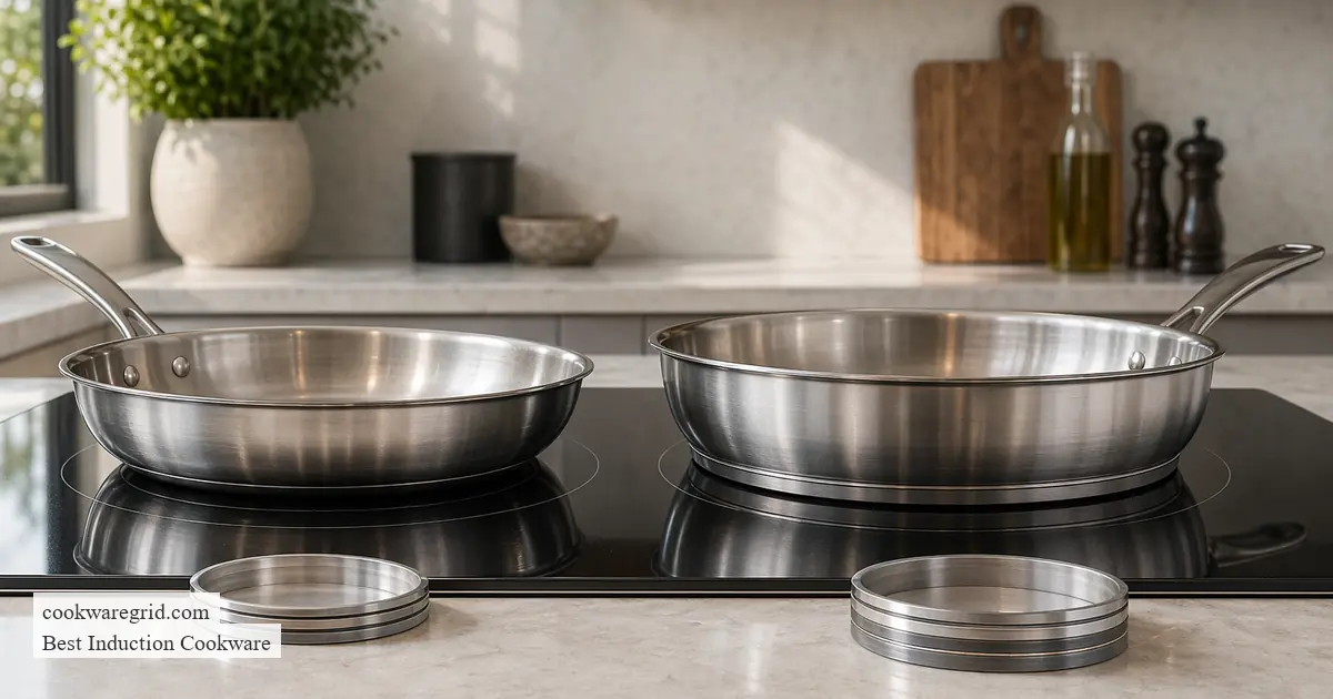 A stainless steel pan heating on an induction cooktop in a quiet kitchen