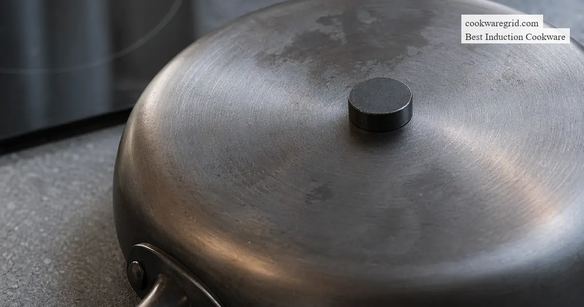 A hand holding a small magnet against the base of a stainless steel pan
