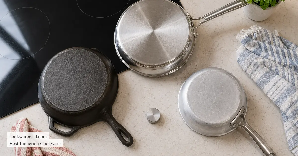 A hand holding a small magnet against the base of a stainless steel pan