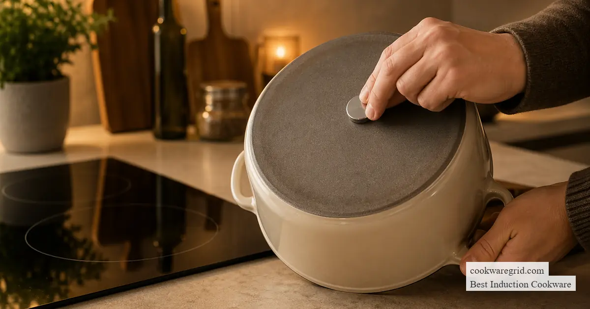 A hand holding a small magnet against the base of a stainless steel pan