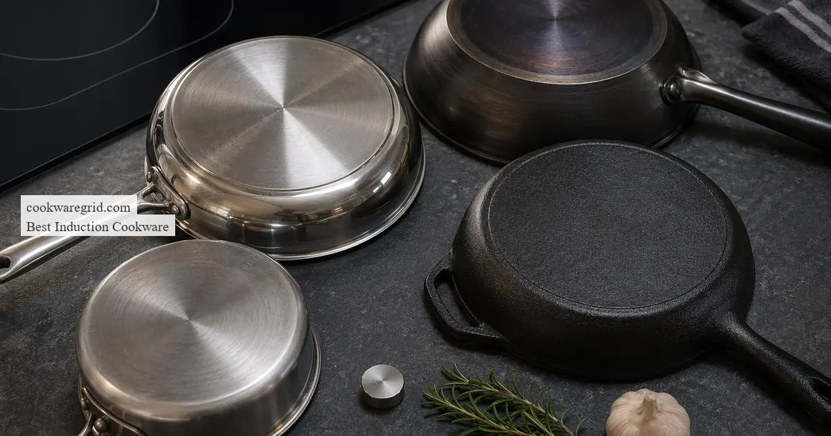 A hand holding a small magnet against the base of a stainless steel pan