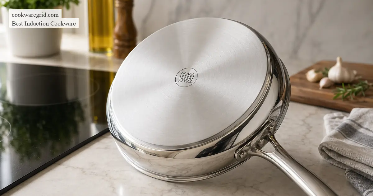 The base of an induction pan showing a small coil compatibility symbol