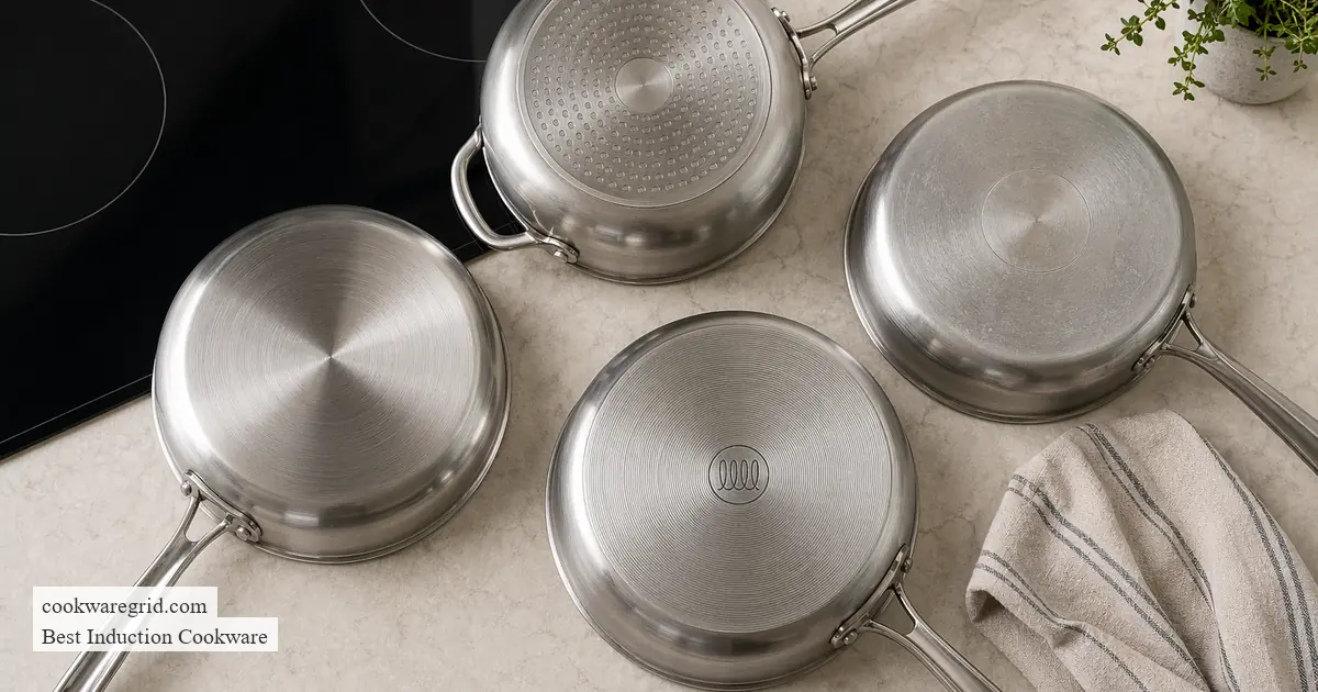 The base of an induction pan showing a small coil compatibility symbol