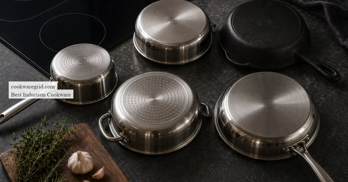 The base of an induction pan showing a small coil compatibility symbol