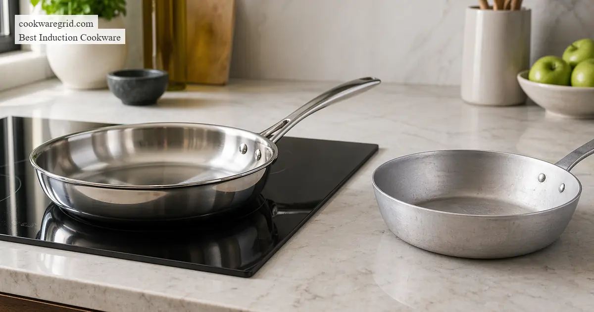 A sleek stainless steel induction pan on a modern glass cooktop