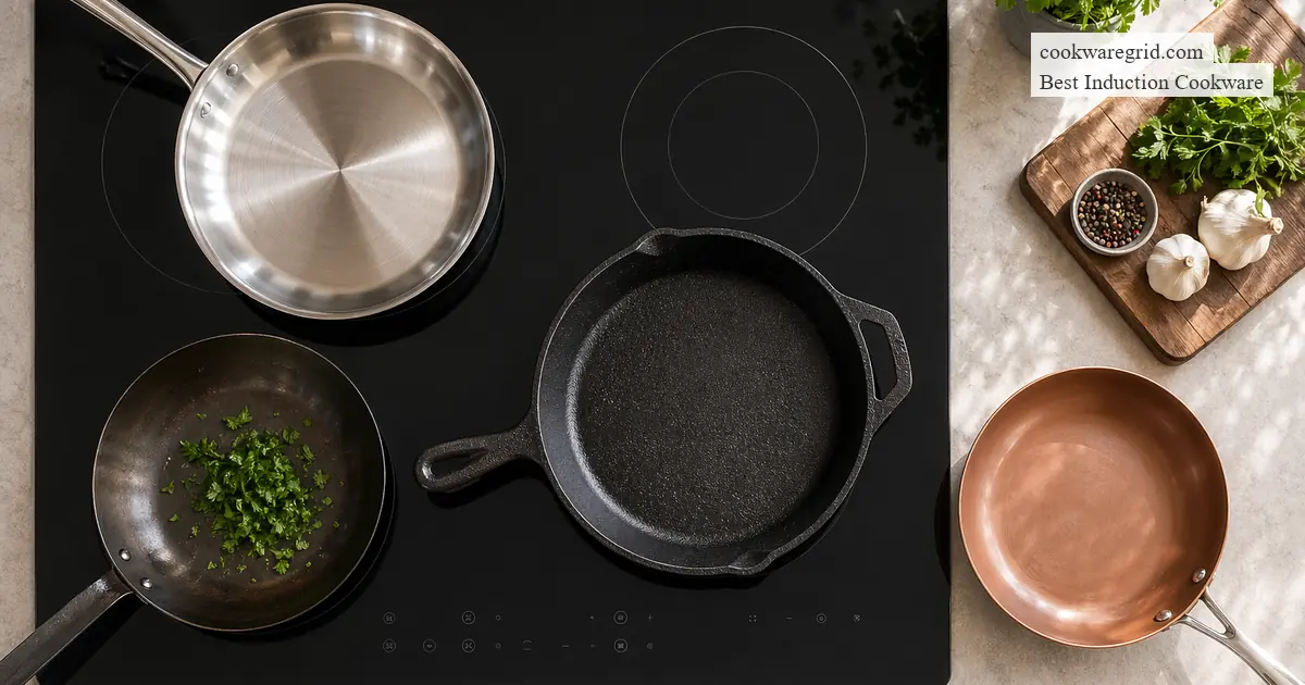 A sleek stainless steel induction pan on a modern glass cooktop