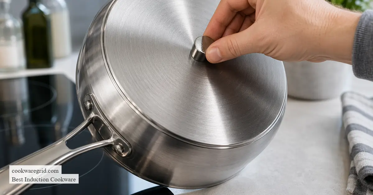 A sleek stainless steel induction pan on a modern glass cooktop