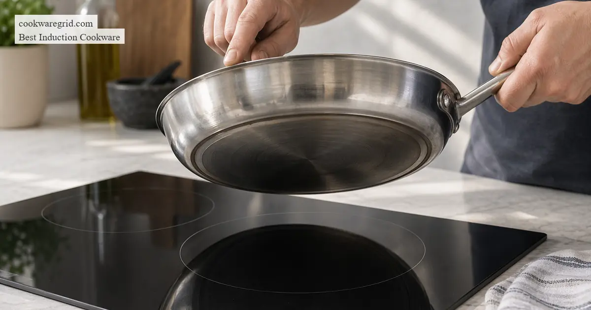 A sleek stainless steel induction pan on a modern glass cooktop